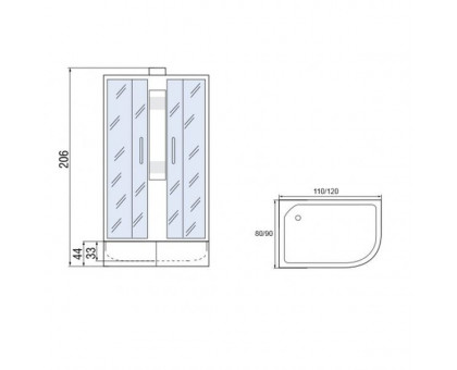 Душевая кабина Мономах 120/80/44 Б/К МЗ R 120х80х206, без крыши, асимметричная